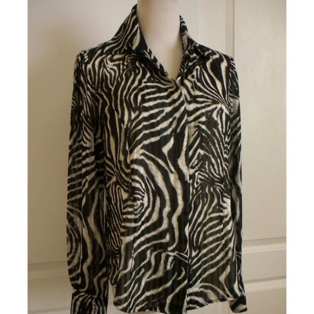 BLOUSE LONG SLEEVE BUTTON UP BLACK WHITE ZEBRA PRINT SIZE 4 SMALL WOMENS
